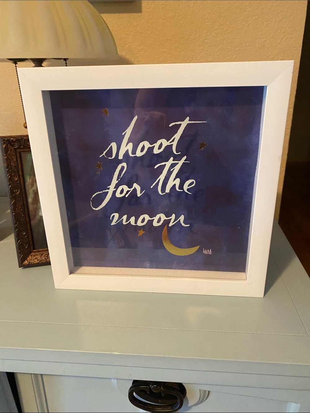 Framed "Shoot for the Moon" Art Print - Blue and Gold Under Glass